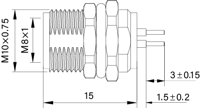 M8 Panel Mount Receptacle, Female Front Fastened, PCB Type, Straight drawing