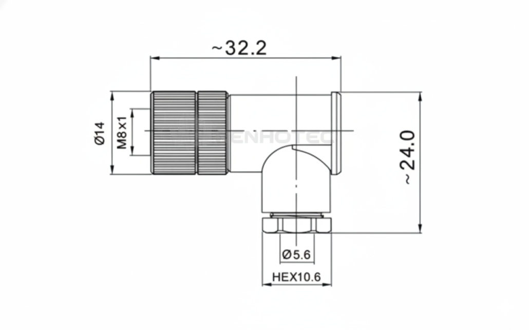 M8 Field Assembly Connector, Screw Termination, Angled Female Drawing