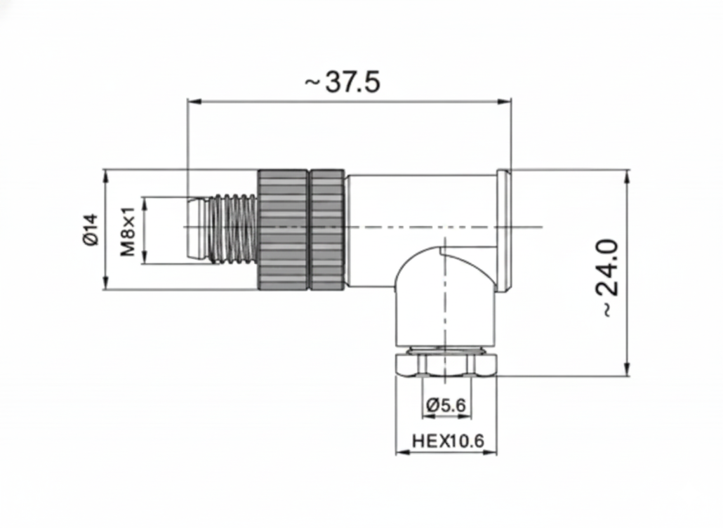 M8 Field Assembly Connector, Screw Termination, Angled male drawing