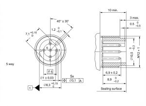 Key dimensions and tolerances for a 5-way M12 A-coded angled connector.