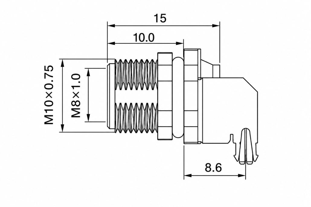 M8 Panel Mount Receptacle, Front Fastened, PCB Type, Angled female Drawing