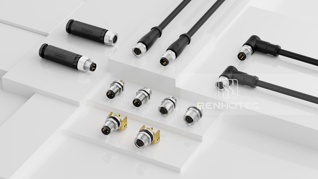 Different types of M8 connectors including cable, panel mount and field wireable versions