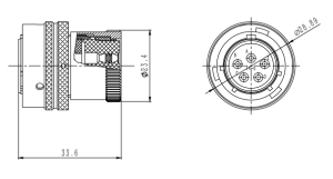 Technical diagram for a circular MIL-DTL-26482 connector receptacle showing a 5-pin configuration (A-E), side view dimensions of 33.6 and 23.4, and a face-on diameter of 28.9.