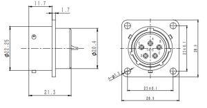 Technical diagram for a circular MIL-DTL-26482 connector receptacle showing a 5-pin configuration (A-E) and dimensions in millimeters, including 28.9, 23, 21.3, and 20.4.