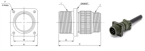 Technical diagram and photo of an MS3100 wall mounting circular military electrical receptacle, showing dimensions A, B, C, D, F, and features I, J, and the GASKET.