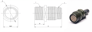 Technical diagram and photo of an MS3101 cable connecting circular military electrical receptacle, showing dimensions A, C, D, REF, and features I and J.
