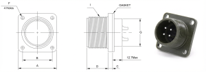 Technical diagram and photo of an MS3102 box mounting circular military electrical receptacle, showing dimensions A, B, C, D, G, and features F, I, and the GASKET.
