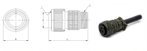 Technical diagram and photo of an MS3106 straight circular military electrical plug connector, showing dimensions A, B, C, and features I and J.
