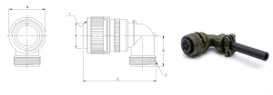 Technical diagram and photo of an MS3108 right-angle circular military electrical plug connector, showing dimensions A, B, C, D, and features I and J.