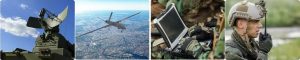 A four-panel collage showing a military radar dish, an Unmanned Aerial Vehicle (UAV) flying over a city, a soldier operating a ruggedized laptop, and a soldier communicating via a radio headset.