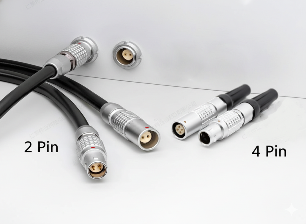 Comparison of 2 pin lemo connector and 4 pin lemo connector internal pin arrangements.