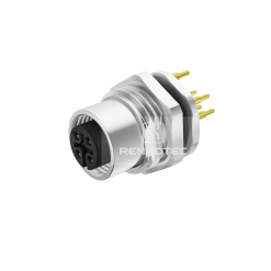 M12 Female Straight PCB Type Front Fastened Shielded Panel Mount Receptacle, M16x1.5, with GND